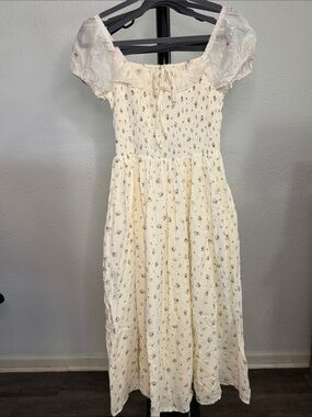 Smocked Off-Shoulder Midi Dress in Cream with Floral Print
